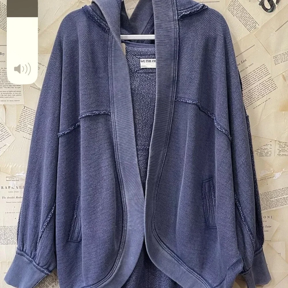 Free People Forever Yours Cardi We The Free Hooded Rib Hem Slouchy Midnight Rain - Picture 4 of 5